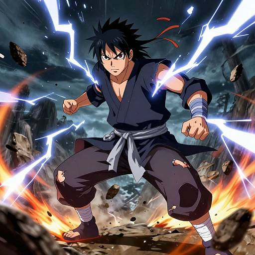 Anime-style drawing of a black-haired, muscular male warrior in a dark gi, surrounded by lightning and fire, ready for battle.