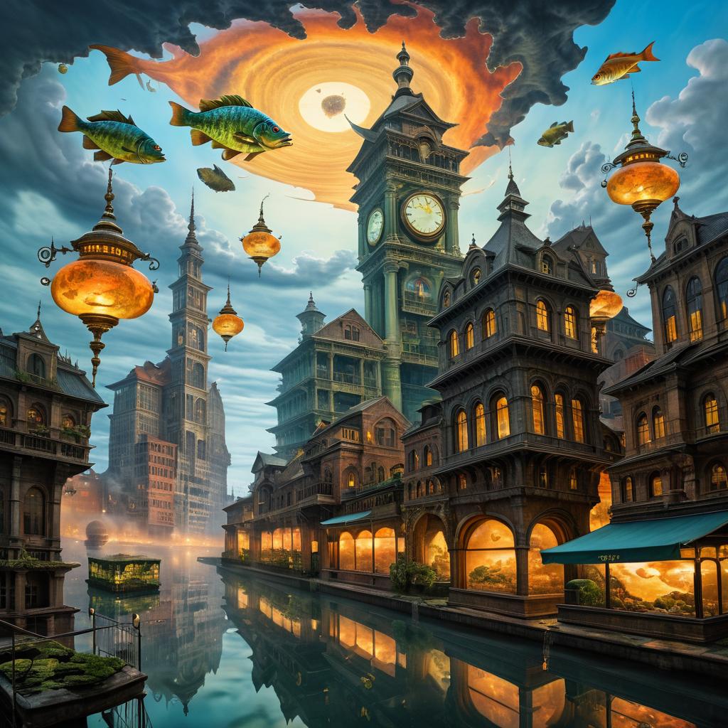 Surreal Cityscape with Monstrous Fish