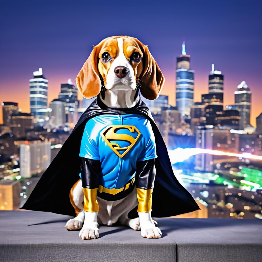 Beagle Superhero against City Skyline