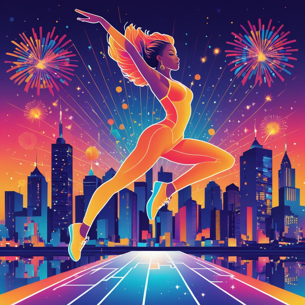 Dancer in Leap with City Fireworks