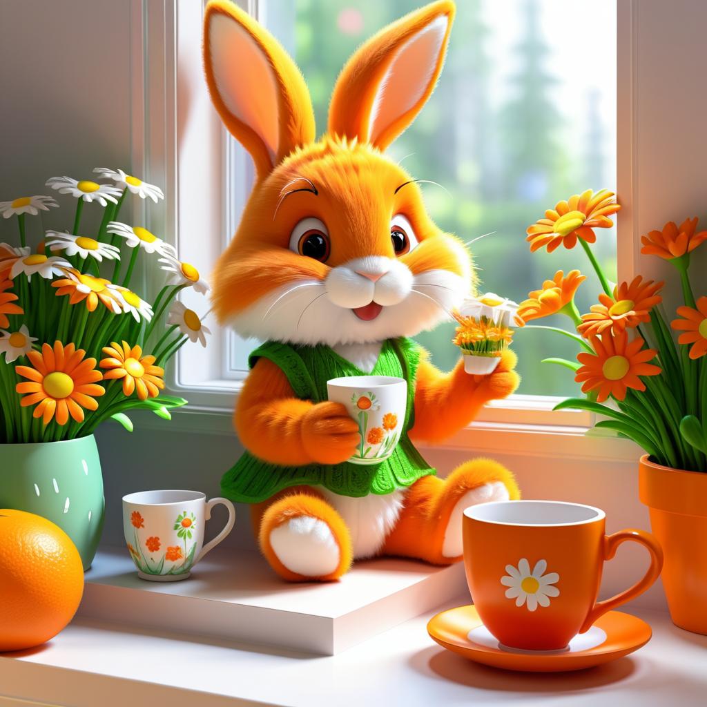 Whimsical Orange Rabbit Enjoying Tea