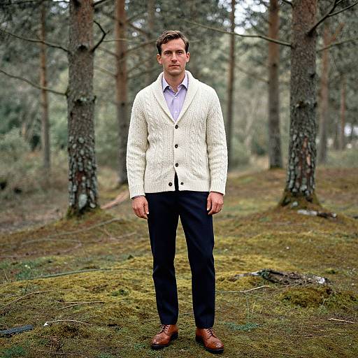Photograph of a middle-aged man with short brown hair, wearing a white knitted cardigan, white shirt, black pants, and brown shoes,