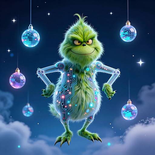 Futuristic AI Grinch with Holograms