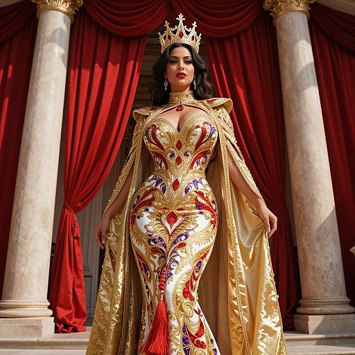 Regal queen in ornate, gold-embellished red and white gown with gold cape, crowned, standing before grand red drapes and marble