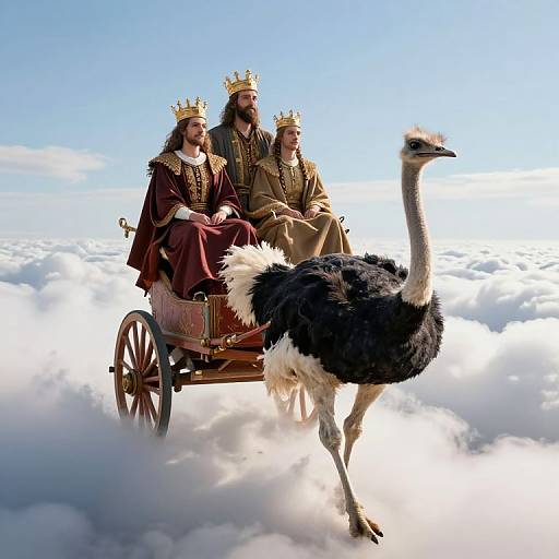 Photograph of three crowned royalty in medieval attire, seated on a wooden carriage drawn by an ostrich, floating above a sea of clouds. Bright blue