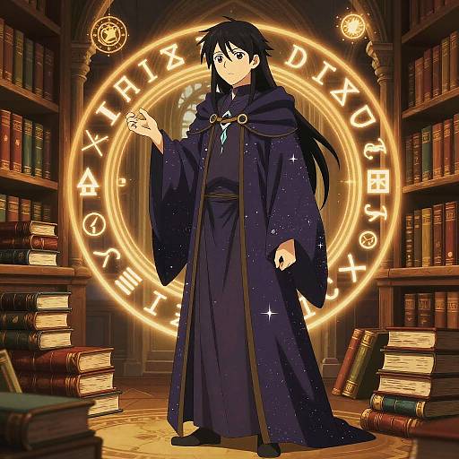 Charming Starry-Robed Wizard in Library
