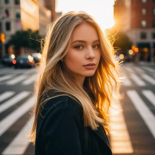 Young Blonde Woman on City Crosswalk at Sunset