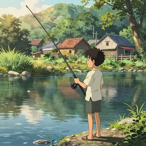 Anime-style digital drawing of a young boy with black hair fishing by a serene, sunlit pond, surrounded by lush greenery and rustic houses.
