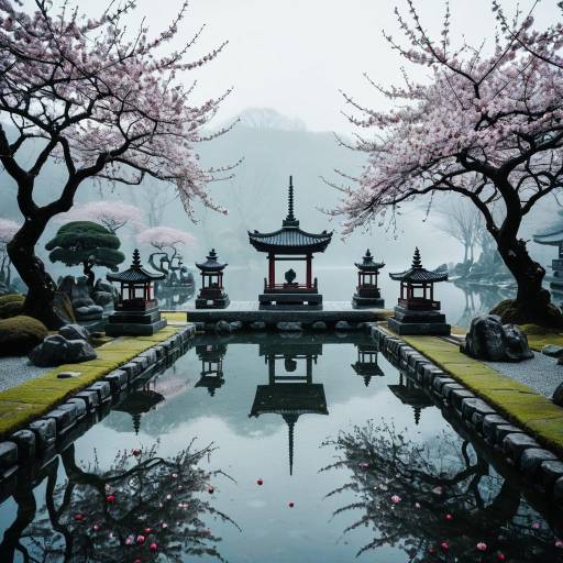 Ancient Zen Garden with Cherry Blossoms and Reflective Pond