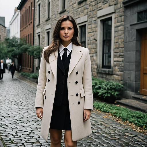 Woman in Beige Coat on Cobblestone Street