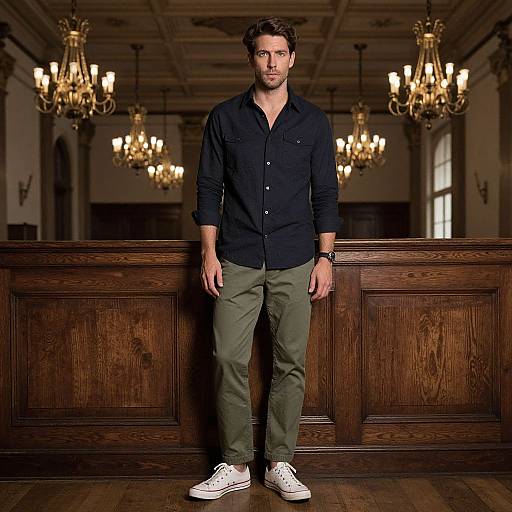 Photograph of a handsome, bearded man with short brown hair, wearing a black button-up shirt, olive green pants, and white sneakers, standing
