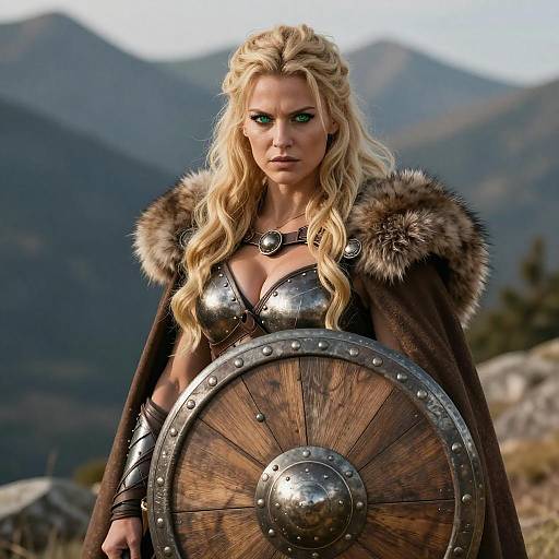 Fierce Warrior Woman in Mountain Landscape