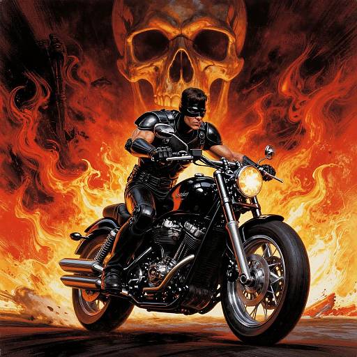 Muscular biker in black leather gear and helmet rides powerful motorcycle, surrounded by fiery flames and a large skull backdrop. Digital art.