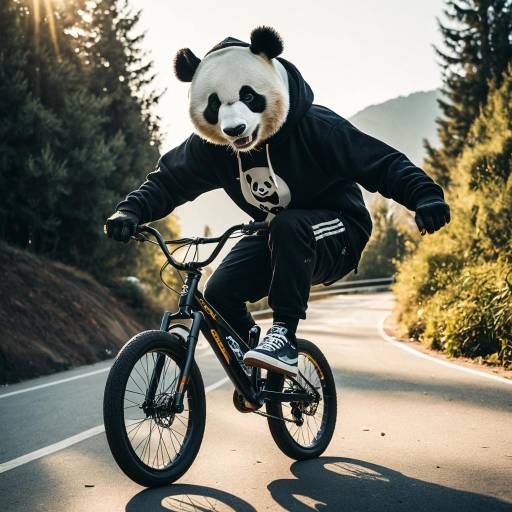 Person in panda costume riding mountain bike Person in panda costume riding mountain bike