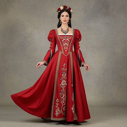 Photograph of a pale-skinned woman in a full-length, red Renaissance-style gown with gold embroidery, puffed sleeves, and a floral crown,