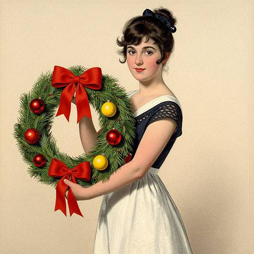 Digital illustration of a young woman with fair skin, dark hair in a bun, wearing a black lace top and white skirt, holding a Christmas wreath