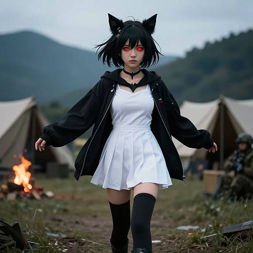 Digital artwork of a pale-skinned woman with black cat ears, red eyes, and short black hair, wearing a white dress, black jacket, and