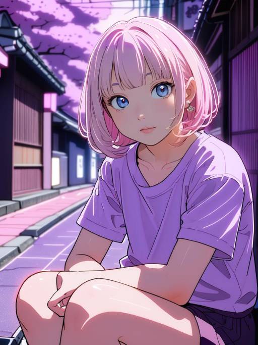 Anime Girl in Traditional Japanese Neighborhood