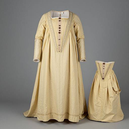 Photograph of a vintage, gold-colored, long-sleeved, Victorian-style dress with intricate embroidery, paired with a matching waist cincher, set