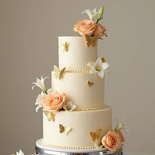 Photograph of a three-tiered, ivory wedding cake adorned with peach roses, white lilies, and gold butterflies, set against a plain background.