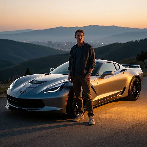 Photograph of a man in dark clothes standing beside a sleek, silver sports car with glowing headlights at sunset, overlooking rolling hills.
