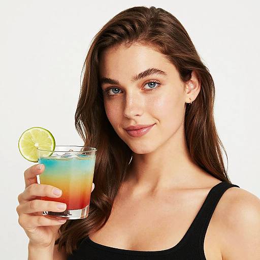 Photograph of a young woman with long brown hair, blue eyes, and fair skin, wearing a black tank top, holding a colorful tropical drink with