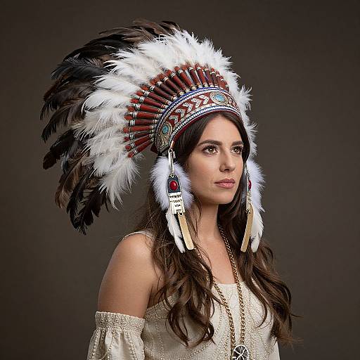 Photograph of a woman with long brown hair, wearing a large Native American headdress with white and black feathers, and an off-shoulder white