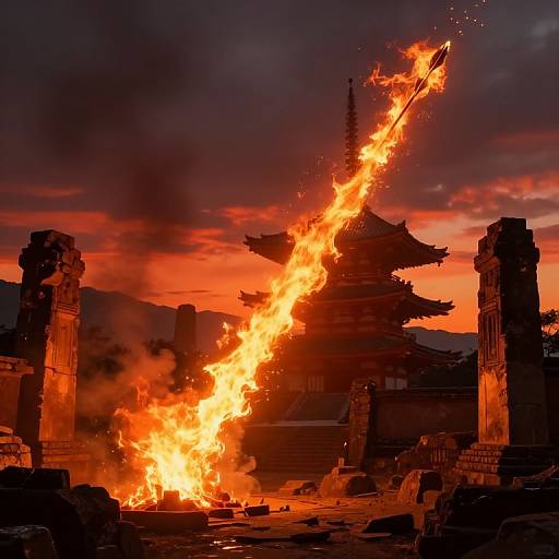Fiery Arrow Over Ancient Temple Ruins