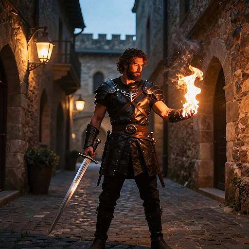 Photograph of a muscular, bearded man in medieval armor, holding a sword and conjuring fire in a narrow, cobblestone medieval alleyway