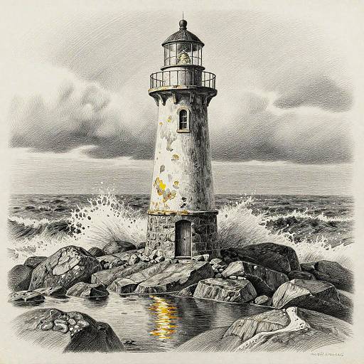 Weathered Lighthouse on Rocky Coast Pencil Drawing