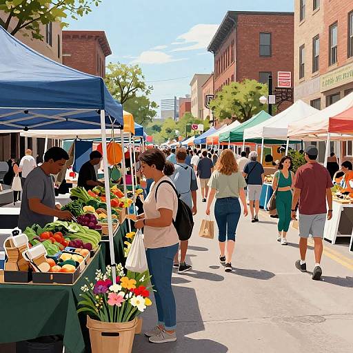 Photograph of a bustling outdoor farmers market on a sunny day, with diverse shoppers browsing colorful stalls lined along a brick street.