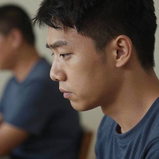 Close-up photograph of a serious young Asian man with short black hair, wearing a dark blue shirt, profile view, blurred background.