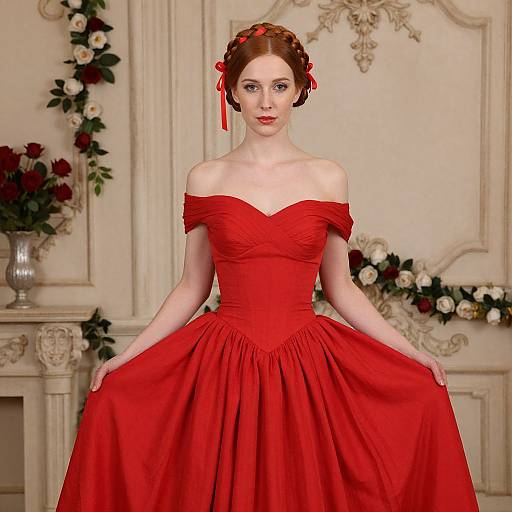 Photograph of a fair-skinned woman with red hair in an off-shoulder, red, strapless ball gown, holding the skirt, standing