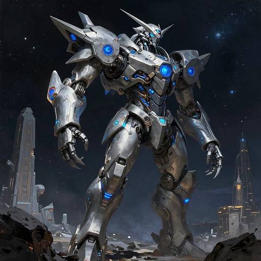 CGI sci-fi image of a towering, silver robotic warrior with blue glowing accents, standing in a futuristic, star-studded cityscape.