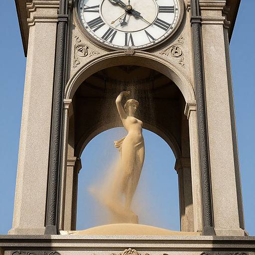 Photograph of a clock tower with a classical statue of a nude, wind-swept figure under an arched, ornate structure against a clear