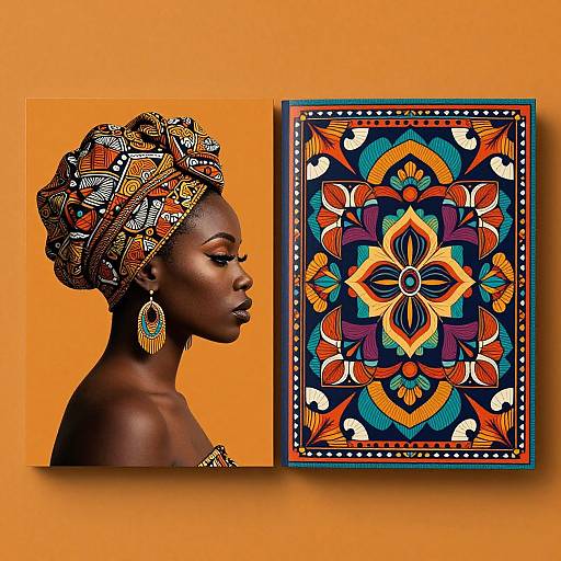 Photograph of a dark-skinned African woman in intricate headwrap, matching jewelry, and orange background, beside a vibrant, symmetrical textile artwork.