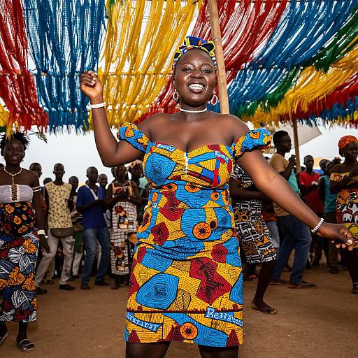 Photograph of a smiling Black woman in a vibrant, colorful, off-shoulder dress, raising her right arm, under a festive, multicol