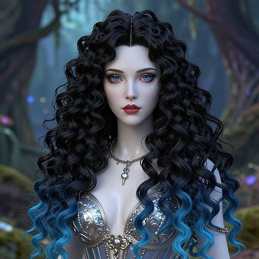 Digital artwork of a pale-skinned, blue-eyed woman with long, curly black-to-blue hair, wearing a silver, ornate top, in a