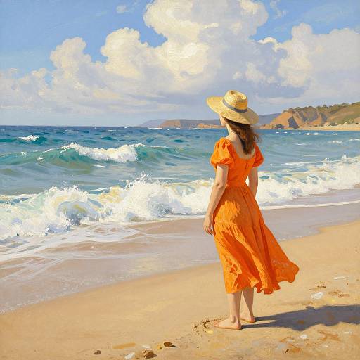 Photograph of a woman in an orange dress and straw hat standing on a sandy beach, facing the ocean with waves and cloudy sky.