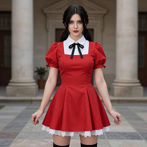 Photograph-style digital artwork of a fair-skinned woman with black hair in a red Alice in Wonderland-style dress with puffed sleeves, white collar,