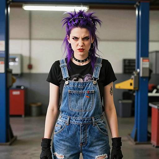 Photograph of a punk-rock woman with purple spiky hair, black choker, denim overalls, black t-shirt, and black gloves, standing