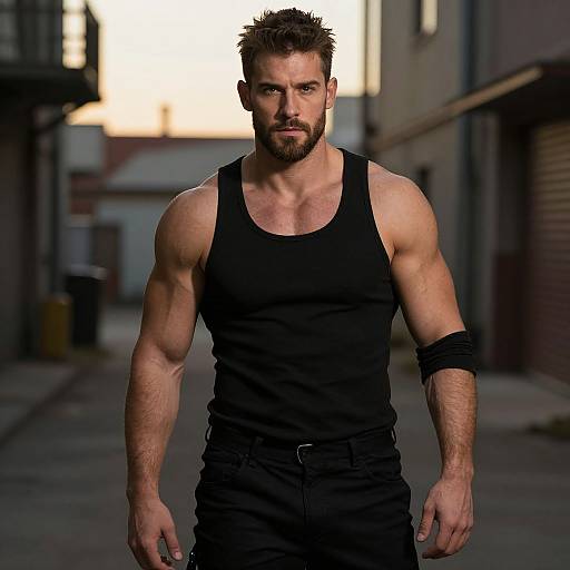 Photograph of a muscular, bearded man with short brown hair, wearing a black tank top and arm band, standing in an urban alleyway at