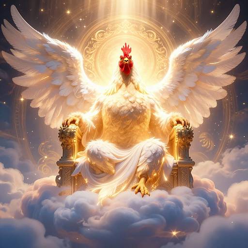 Digital art: Radiant white-winged phoenix with red head, seated on golden throne amidst clouds, surrounded by glowing light and celestial patterns.