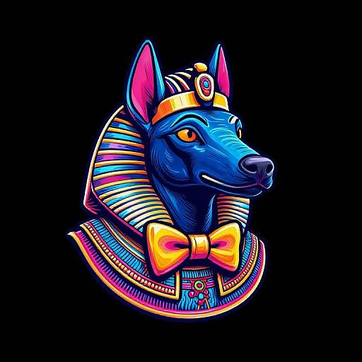 Neon-colored digital artwork of an Egyptian-style blue anubis dog with a striped nemes headdress, yellow bow tie, and ornate collar