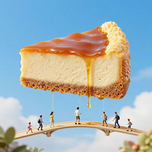 Digital artwork: Giant slice of caramel-topped cheesecake hangs above a tiny, diverse group of people walking on a bridge against a bright blue sky.