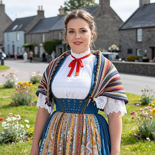 Photograph of a smiling woman in traditional Bavarian dress with colorful striped shawl, white lace blouse, red ribbon, standing in a vibrant village garden
