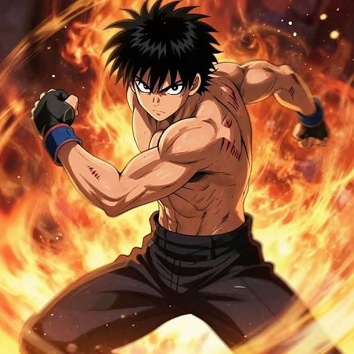Digital anime-style drawing of a muscular, shirtless boy with black spiky hair, blue eyes, and black pants, fighting with fists surrounded by intense