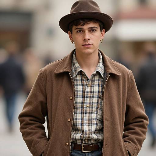 Photograph of a young man with light skin, wearing a brown hat, brown coat, and plaid shirt, standing in a blurred urban background.