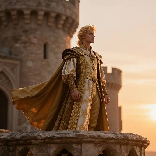 Photograph of a blond, male medieval knight in gold and cream embroidered robes and cape, standing on a stone platform against a sunset-lit castle tower