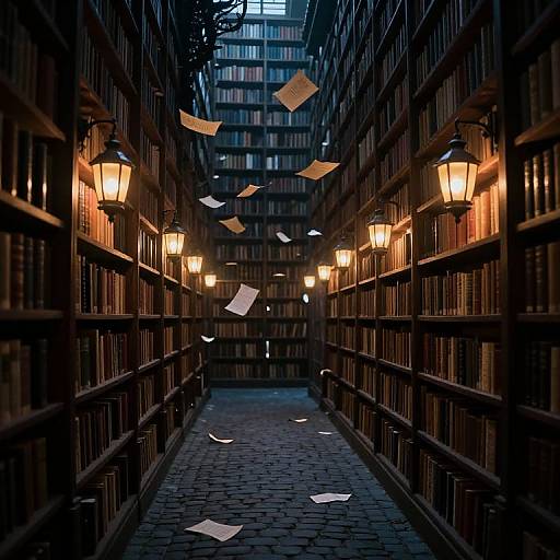 Photograph of a dimly lit, narrow library aisle with wooden bookshelves, glowing lanterns, floating papers, and cobblestone floor.